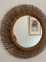 Miroir vintage 1960 soleil fleur rotin osier tressé - 50 cm