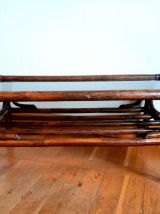 Table basse vintage en rotin et verre fumé 1960 