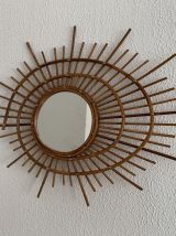 Miroir vintage 1960 soleil rotin osier ORTF - 68 x 52 cm 