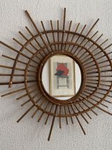 Miroir vintage 1960 soleil rotin osier ORTF - 68 x 52 cm 