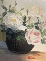 Huile sur toile ancienne "Corbeille de roses"