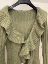 Cardigan cache-cœur à volants olive mohair