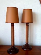 Paire de lampes vintage bois corde et simili cuir 