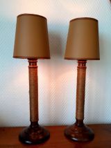 Paire de lampes vintage bois corde et simili cuir 