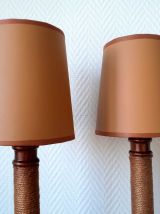 Paire de lampes vintage bois corde et simili cuir 