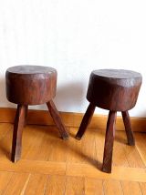 Paire de tabourets en bois brutaliste, vers 1960