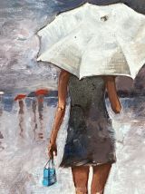 Huile sur toile. 1980. Femme au parapluie.  70x50.