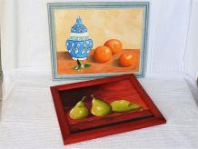 Peinture oranges et poires à l'huile sur toile .