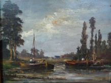 Huile sur bois 42 x 38 cm, bateaux amarrés bord de rivière