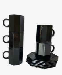  Service à café de 5 tasses &amp; soucoupes noires esso arcoroc 
