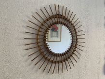 Miroir vintage 1960 soleil rotin osier - 56 cm