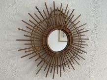 Miroir vintage 1960 soleil étoile asymétrique rotin - 52 cm