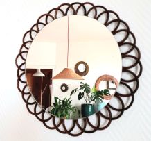 Miroir rotin fleur vintage 1970 