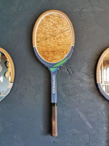 Miroir mural ovale bois raquette tennis vintage "Donnay bleu