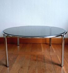 Table ronde acier tubulaire chromé et verre fumé 1970 