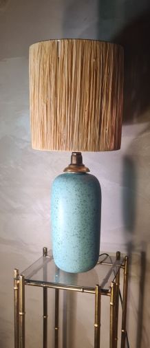 lampe style 70s ceramique bleu vert 40x13 et abat jour  en r