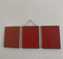 Miroir vintage 1960 triptyque barbier rouge orange - 31 x 78