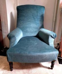 Fauteuil chauffeuse Napoléon 3 en velours bleu 