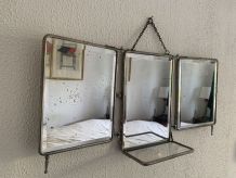 Miroir vintage 1900 triptyque barbier tissu cristal - 32 x 7