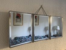 Miroir vintage 1960 triptyque barbier lie de vin biseauté - 