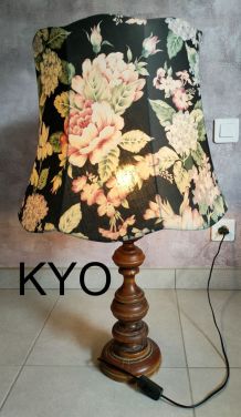 Grande Lampe à poser, abat-jour fleurs, bois tissu