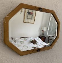 Miroir vintage 1930 Art Déco biseauté octogonal bois stuc - 