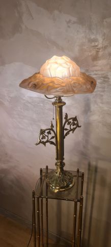 Très grande et rare lampe art nouveau bronze et laiton et ab