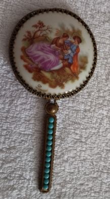 Ancien Miroir de Poche Porcelaine de Limoges Fragonnard