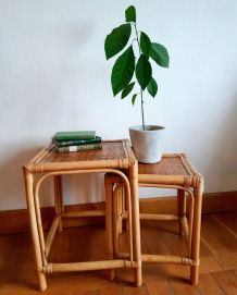 Tables gigognes en rotin vintage 1970