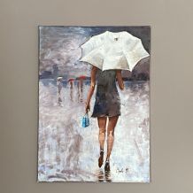 Huile sur toile. 1980. Femme au parapluie.  70x50.