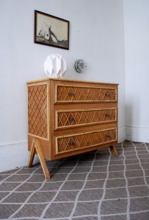 Commode rotin vintage pied compas