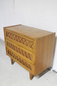 Commode vintage pieds compas bois blond et rotin années 70