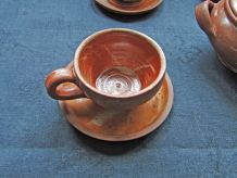 6 Tasses à café Soucoupes Sucrier en Grès Vernissé Vintage