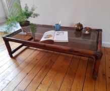 Table basse vintage bambou et verre fumé