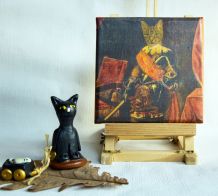 Tableau petit format peinture de chat en costume ancien. 