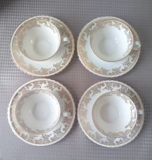 Set de 4 tasses porcelaine Limoges blanches et or dentelle 