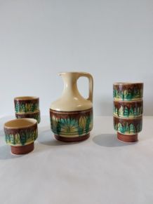 Pichet et 6 verres céramique peint à la main vintage 1970