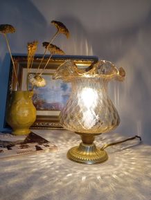 Lampe de bureau rétro bronze doré, globe tulipe verre ocre
