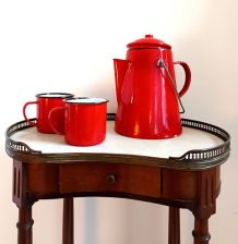 Set cafetière et tasses en tôle émaillée rouge vintage