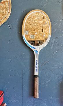 Miroir mural ovale bois raquette tennis vintage "Donnay bleu