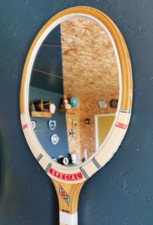 Miroir mural ovale bois raquette tennis vintage "Spécial"
