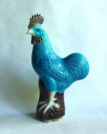 Figurine Ancienne Coq En céramique Turquoise Bleu Mauve.  