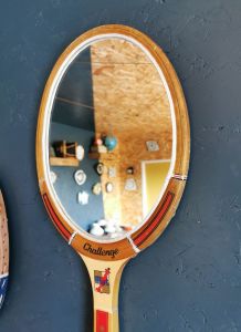 Miroir mural ovale bois raquette tennis vintage "Challenge"