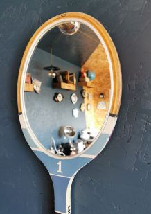 Miroir mural ovale bois raquette tennis vintage "Major bleu"