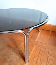 Table ronde acier tubulaire chromé et verre fumé 1970 