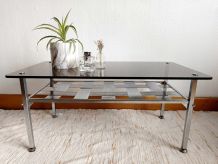 Table basse aluminium brossé et verre fumé 1970 