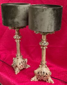 paire de lampe  bronze ciselé 18eme  50x20 abat jour velour 