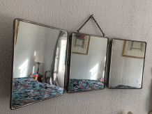 Miroir vintage 1930 triptyque barbier simili galuchat brun -