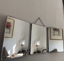 Miroir vintage 1960 triptyque barbier rouge orange - 31 x 78