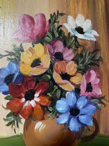 Peinture sur panneau fleurs dans un vase XXe.